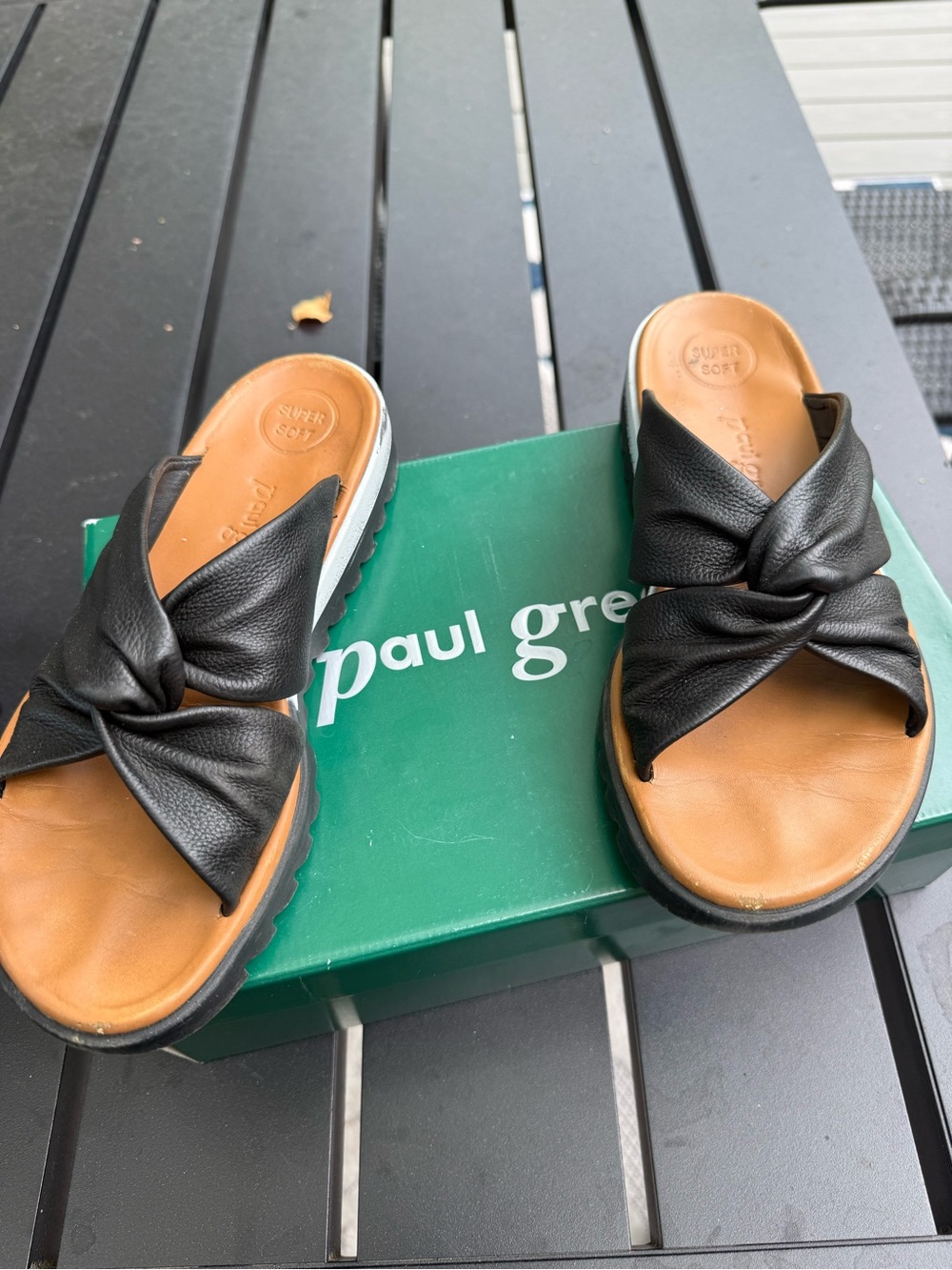 Paul Green Black Leather Knot Slide Mules with Tan Footbed